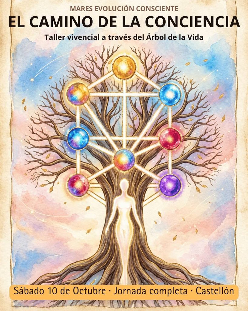 Cartel del Taller Vivencial El Camino de la Conciencia con ilustración del Árbol de la Vida cabalístico en Castellón